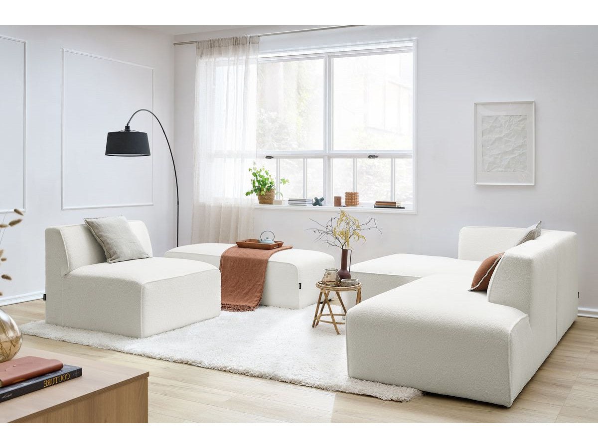 Canapé d'angle fixe modulable MEGEVE tissu bouclette avec 1 chauffeuse et 1 pouf - Angle gauche