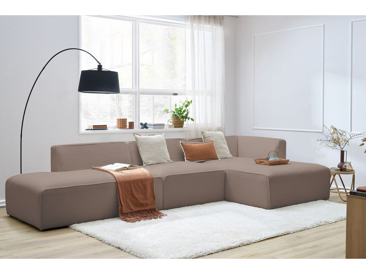 Canapé d'angle fixe modulable MEGEVE tissu bouclette avec 1 chauffeuse et 1 pouf - Angle droit