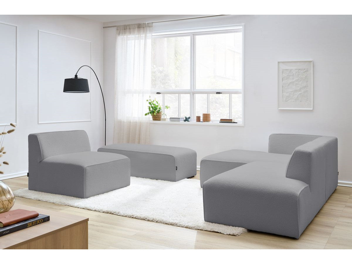 Canapé d'angle fixe modulable MEGEVE tissu bouclette avec 1 chauffeuse et 1 pouf - Angle gauche