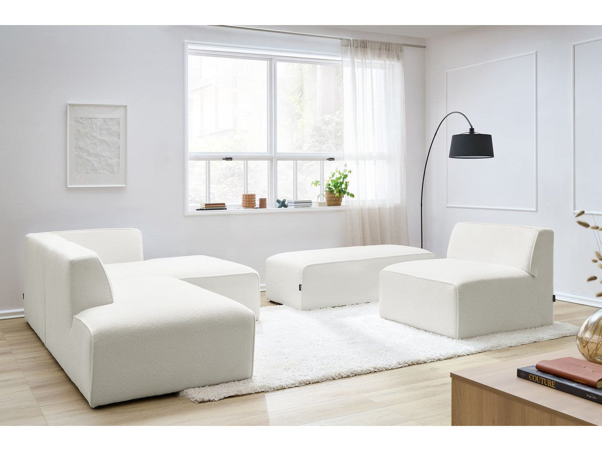 Canapé d'angle fixe modulable MEGEVE tissu bouclette avec 1 chauffeuse et 1 pouf - Angle droit
