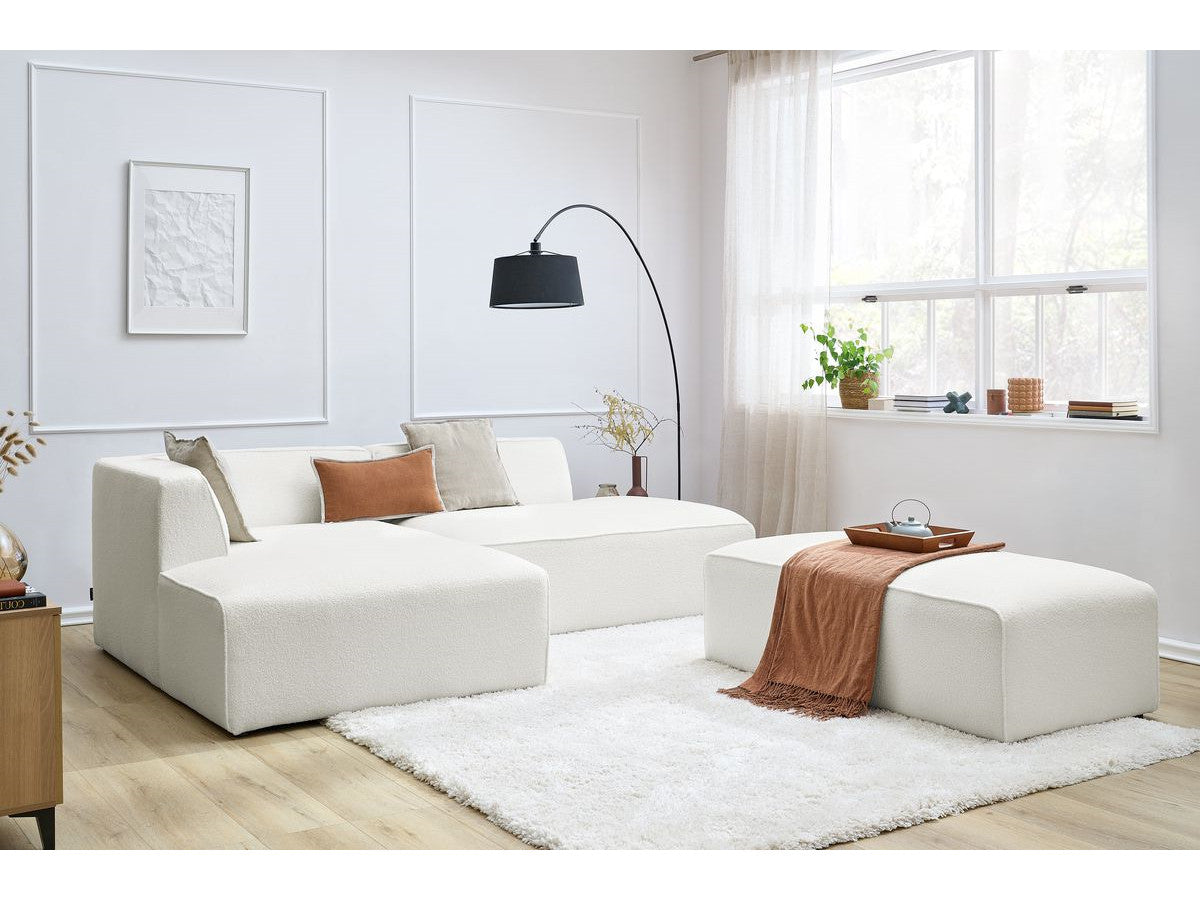 Canapé d'angle fixe modulable MEGEVE tissu bouclette avec pouf Angle gauche