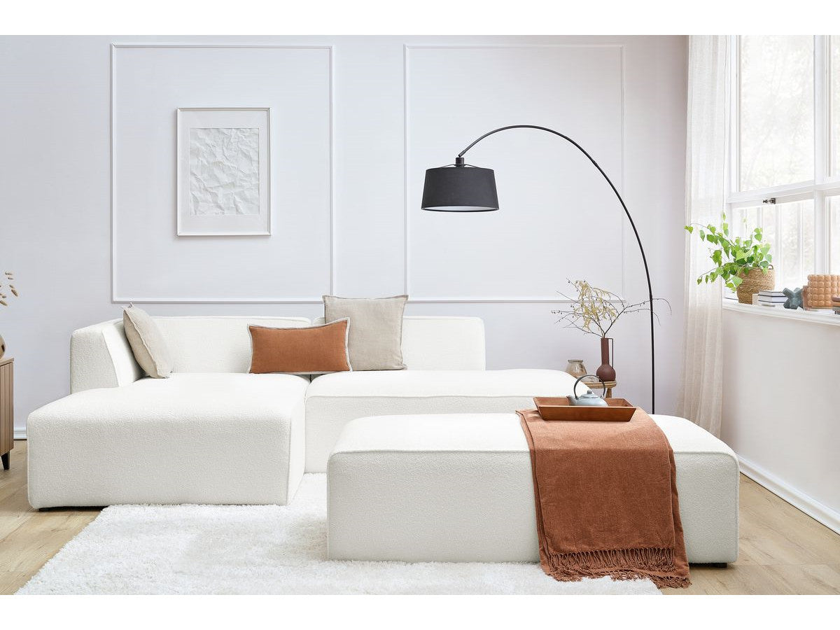 Canapé d'angle fixe modulable MEGEVE tissu bouclette avec pouf Angle gauche