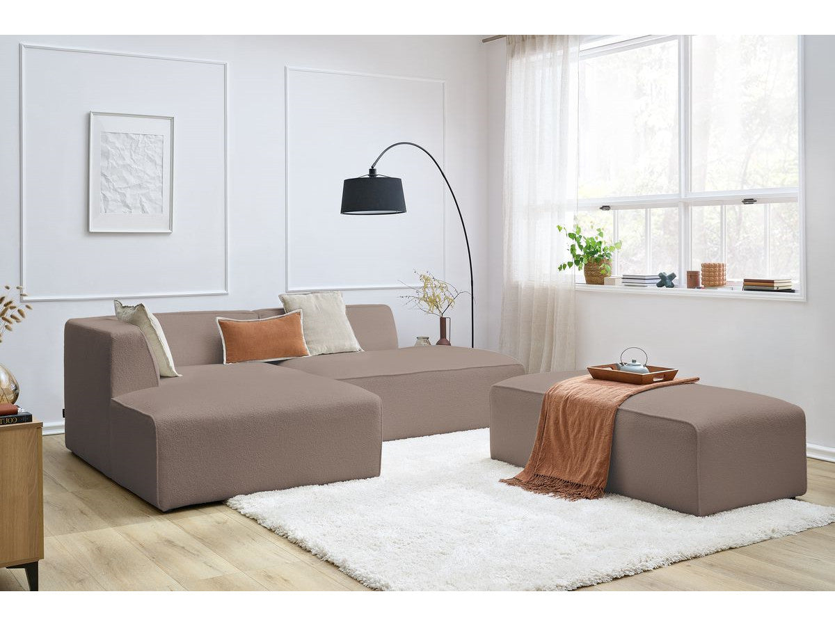Canapé d'angle fixe modulable MEGEVE tissu bouclette avec pouf Angle gauche