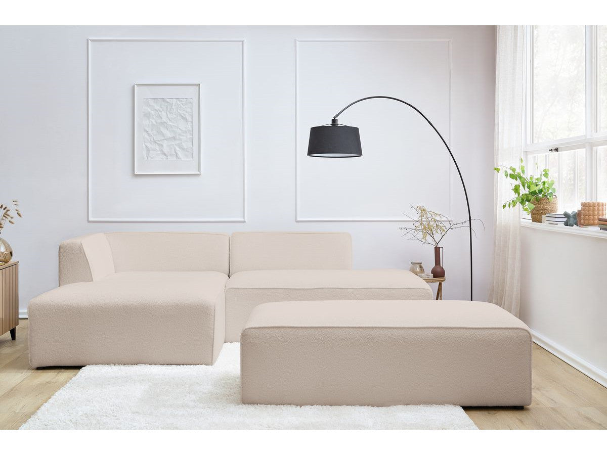 Canapé d'angle fixe modulable MEGEVE tissu bouclette avec pouf Angle gauche