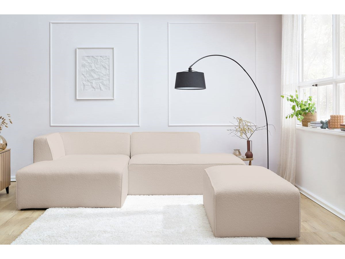 Canapé d'angle fixe modulable MEGEVE tissu bouclette avec pouf Angle gauche