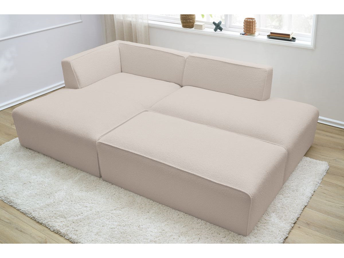 Canapé d'angle fixe modulable MEGEVE tissu bouclette avec pouf Angle gauche