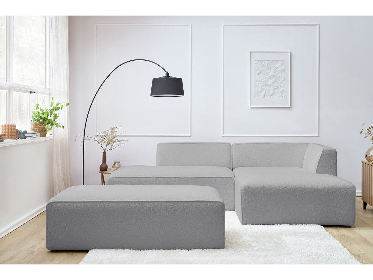 Canapé d'angle fixe modulable MEGEVE tissu bouclette avec pouf Angle droit