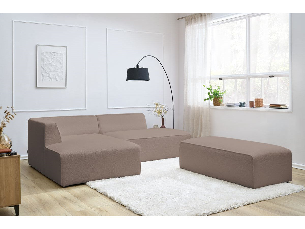 Canapé d'angle fixe modulable MEGEVE tissu bouclette avec pouf Angle gauche