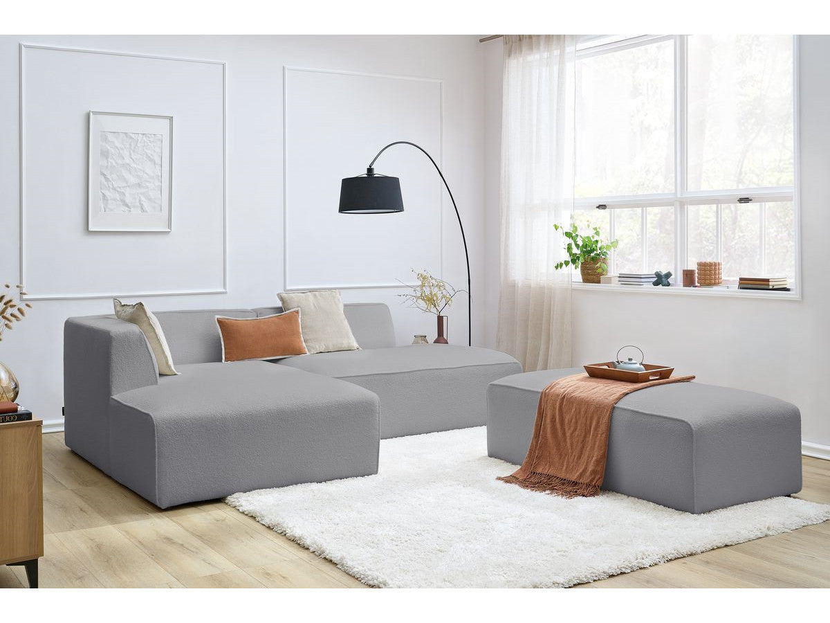 Canapé d'angle fixe modulable MEGEVE tissu bouclette avec pouf Angle gauche