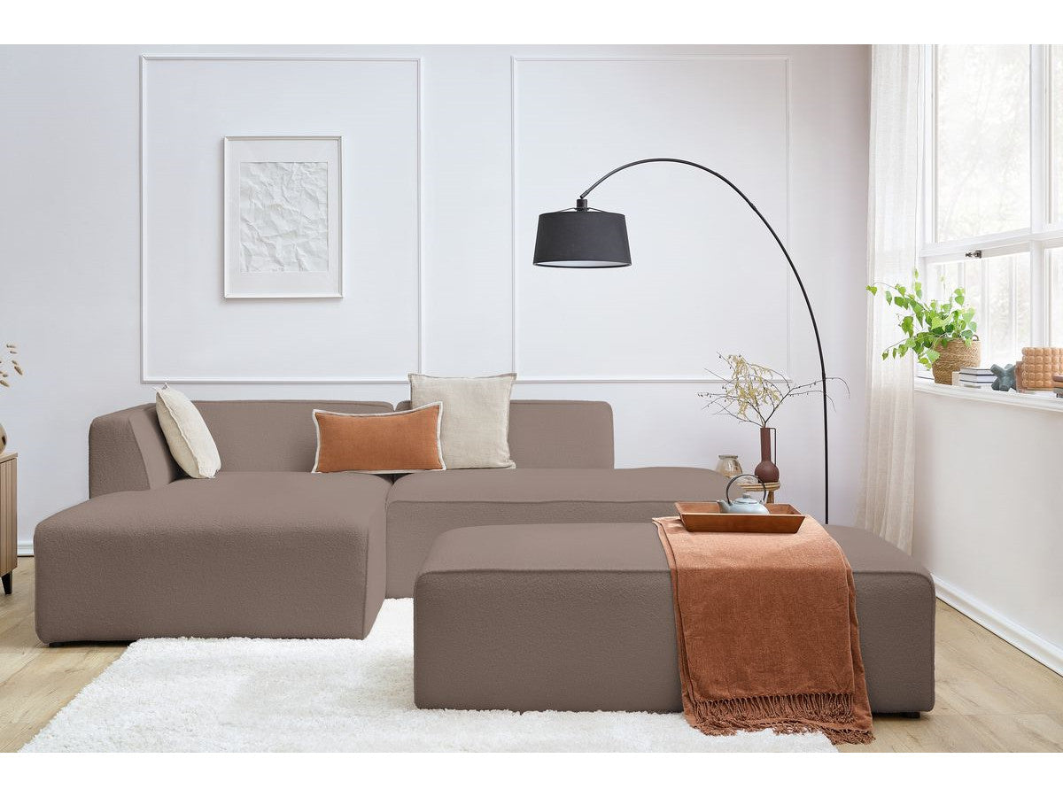 Canapé d'angle fixe modulable MEGEVE tissu bouclette avec pouf Angle gauche