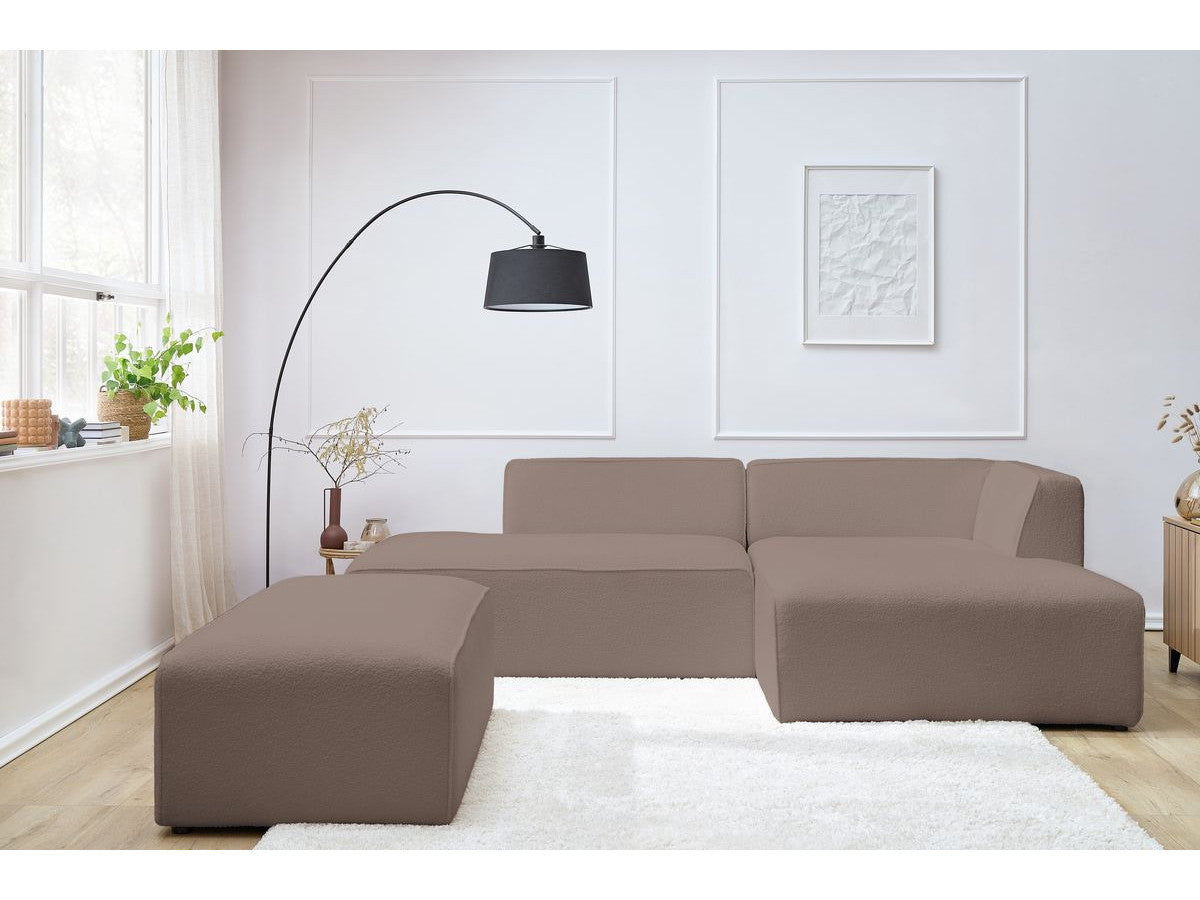 Canapé d'angle fixe modulable MEGEVE tissu bouclette avec pouf Angle droit
