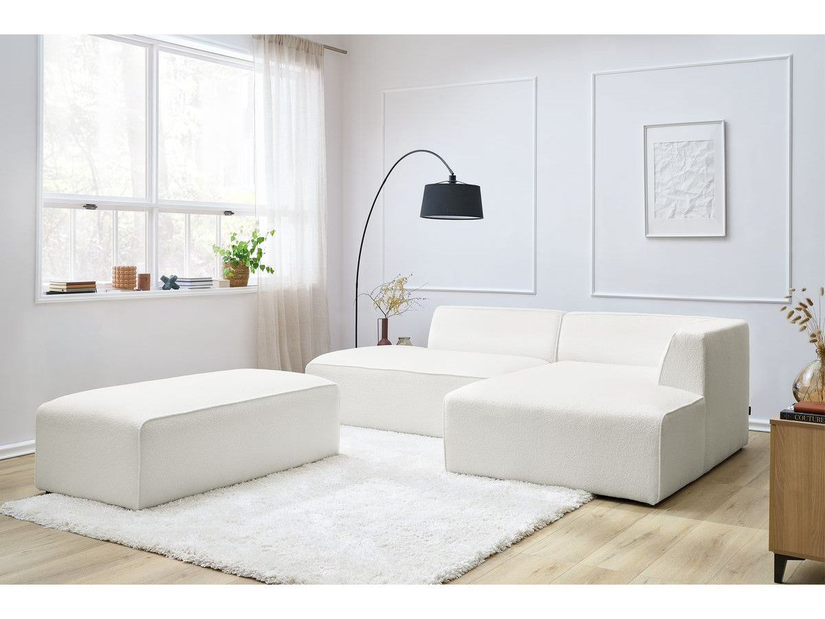 Canapé d'angle fixe modulable MEGEVE tissu bouclette avec pouf Angle droit