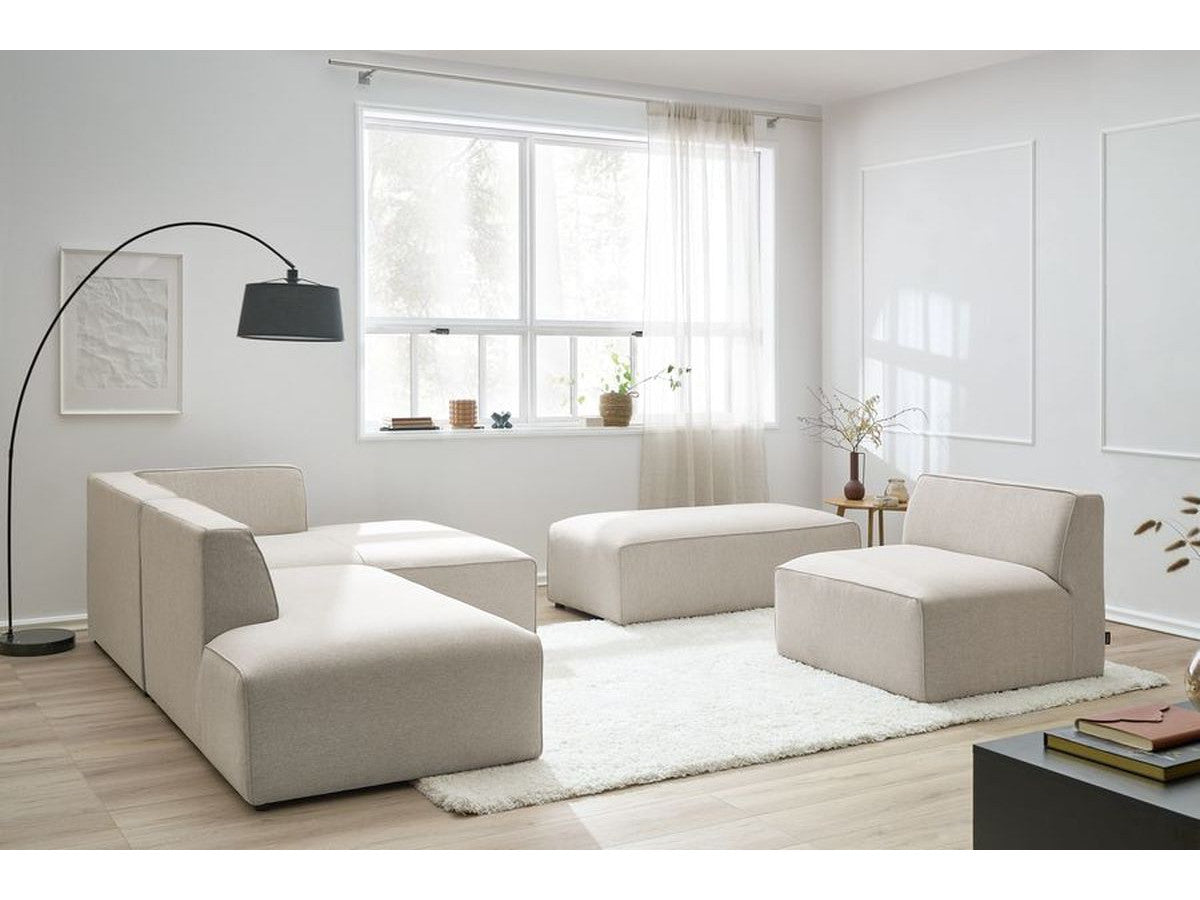 Canapé d'angle fixe modulable MEGEVE tissu chiné avec 1 chauffeuse et 1 pouf - Angle droit