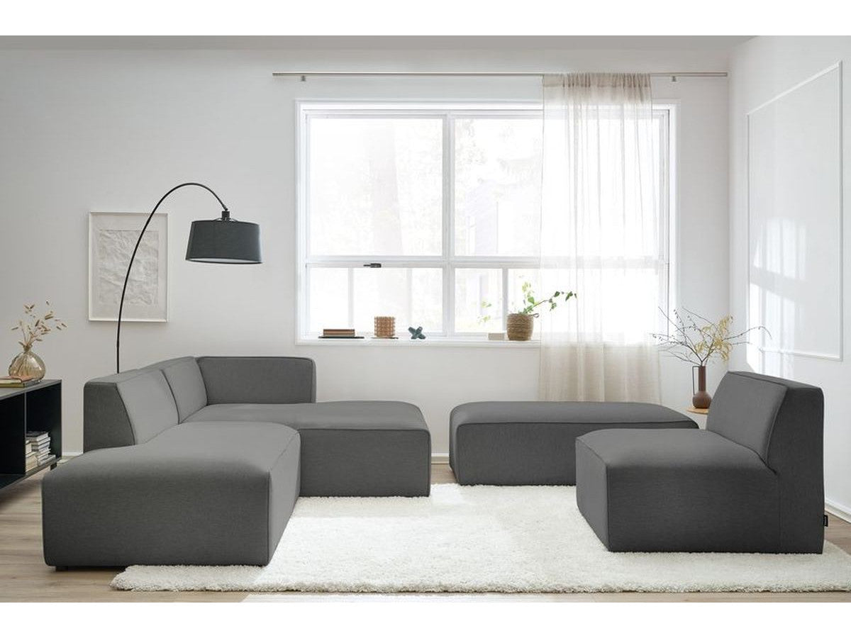 Canapé d'angle fixe modulable MEGEVE tissu chiné avec 1 chauffeuse et 1 pouf - Angle droit