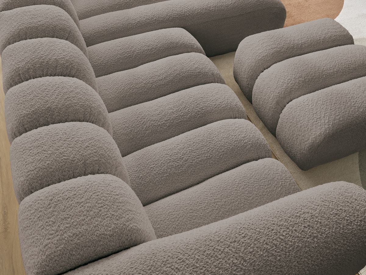 Canapé d'angle fixe TALIA tissu bouclette avec pouf - Angle droit