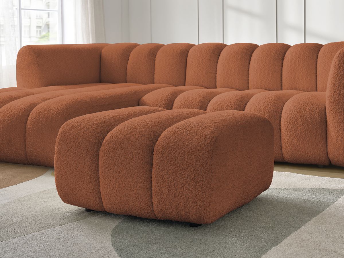 Canapé d'angle fixe TALIA tissu bouclette avec pouf - Angle gauche