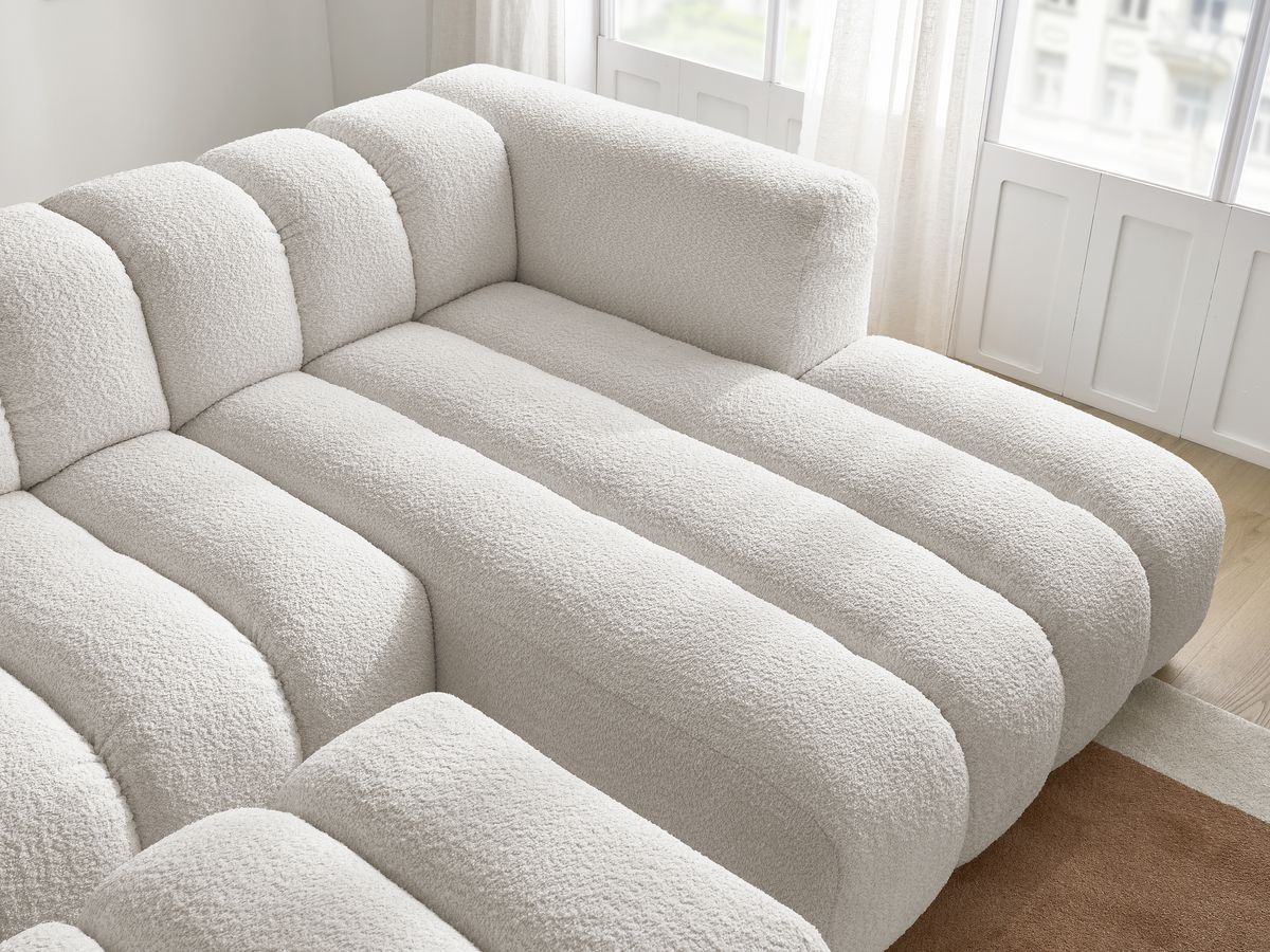 Canapé d'angle fixe TALIA tissu bouclette avec pouf - Angle droit