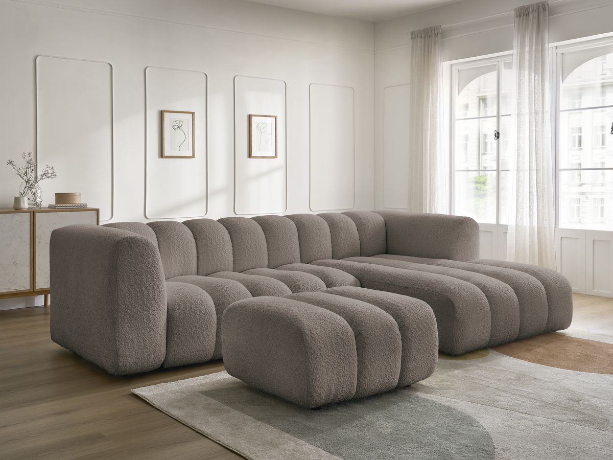 Canapé d'angle fixe TALIA tissu bouclette avec pouf - Angle droit