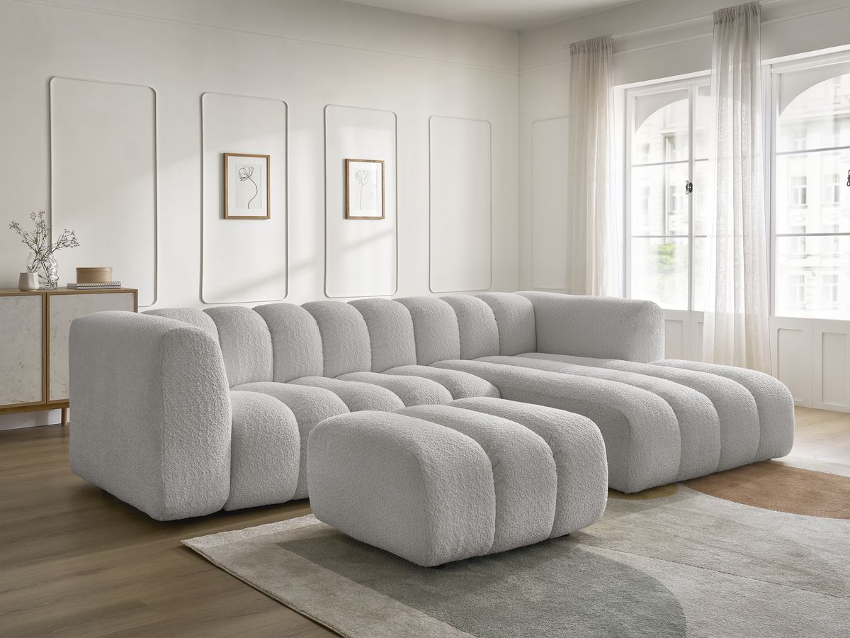 Canapé d'angle fixe TALIA tissu bouclette avec pouf - Angle droit