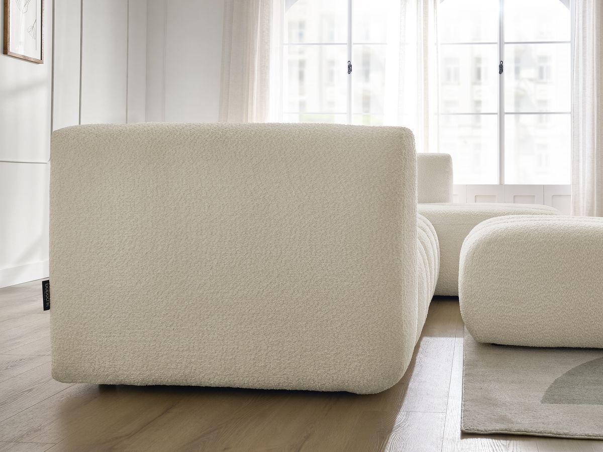 Canapé d'angle fixe TALIA tissu bouclette avec pouf - Angle droit