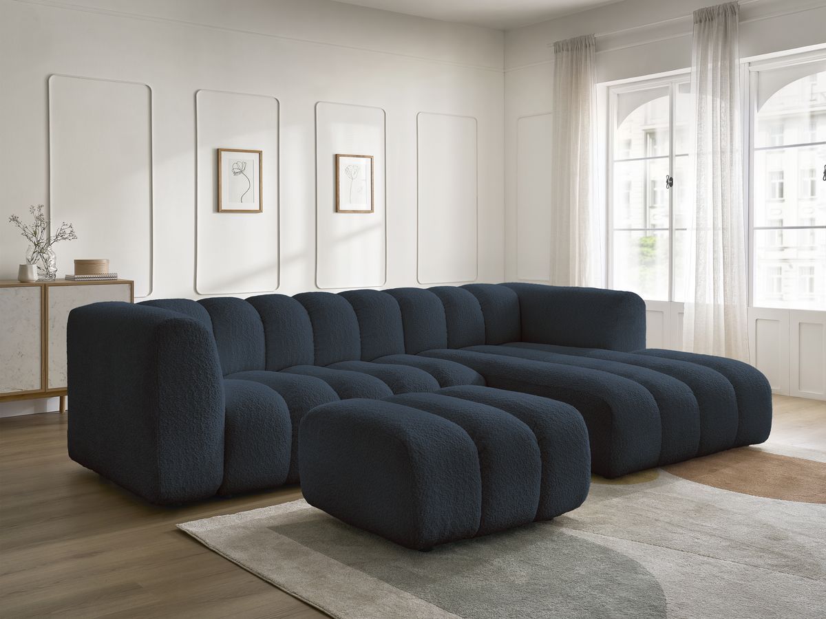 Canapé d'angle fixe TALIA tissu bouclette avec pouf - Angle droit