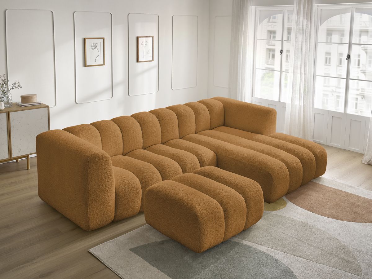 Canapé d'angle fixe TALIA tissu bouclette avec pouf - Angle droit