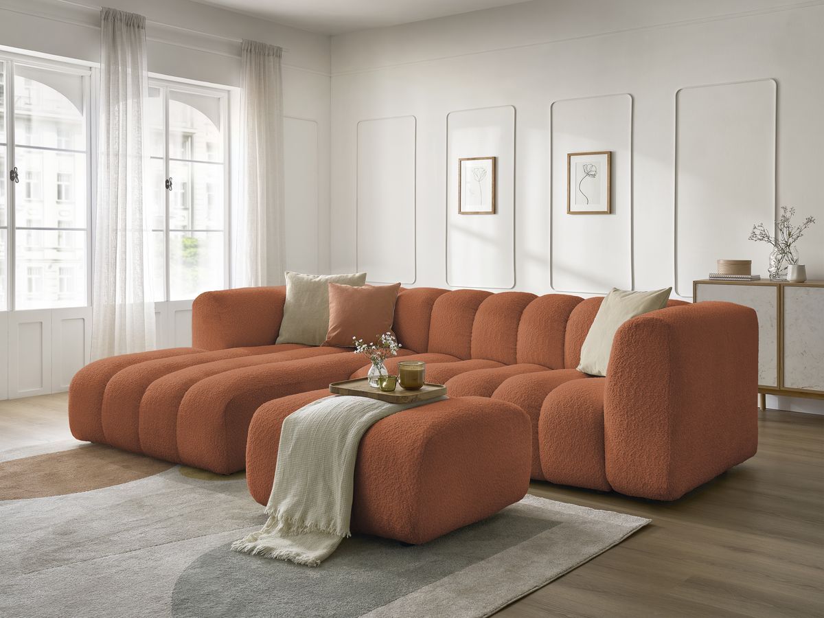 Canapé d'angle fixe TALIA tissu bouclette avec pouf - Angle gauche