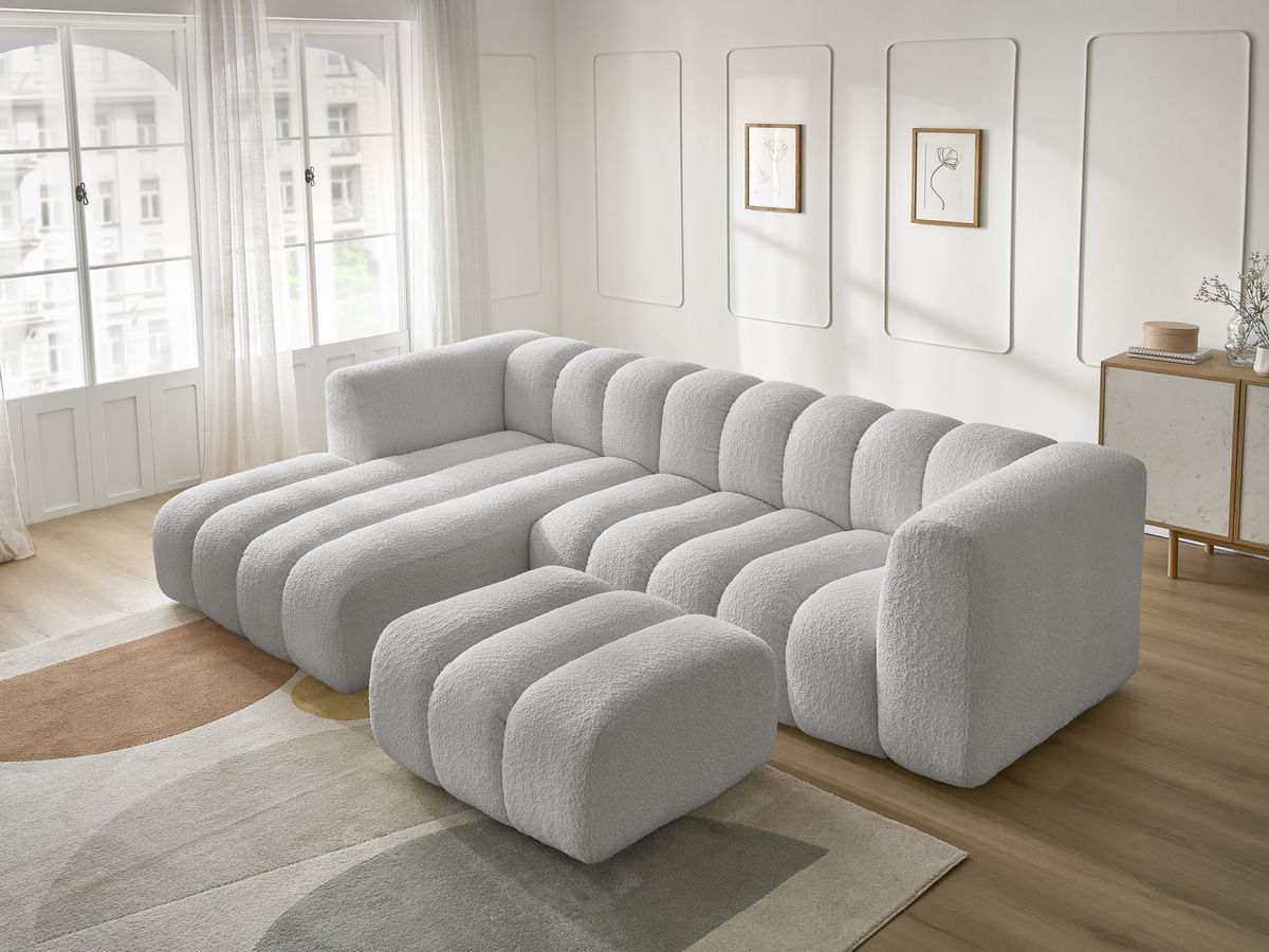 Canapé d'angle fixe TALIA tissu bouclette avec pouf - Angle gauche