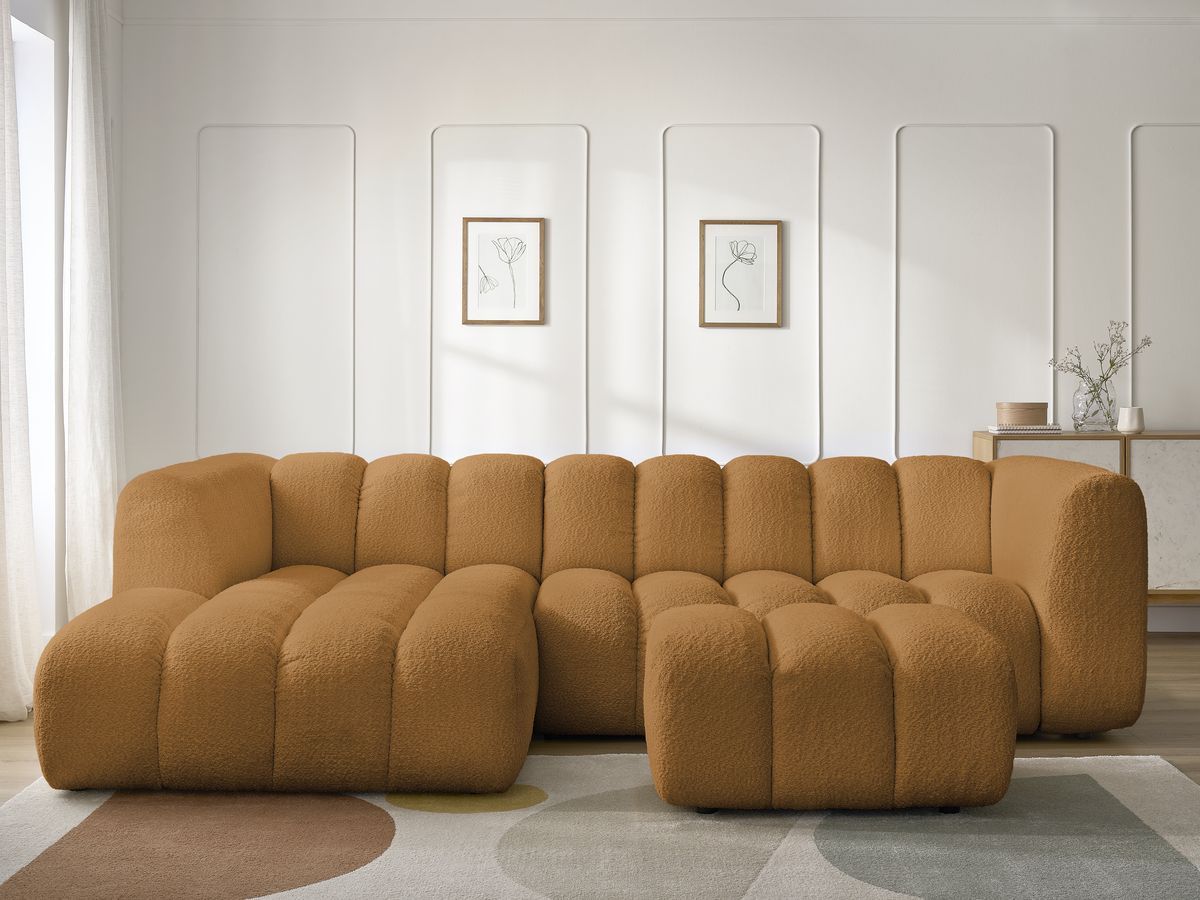Canapé d'angle fixe TALIA tissu bouclette avec pouf - Angle gauche
