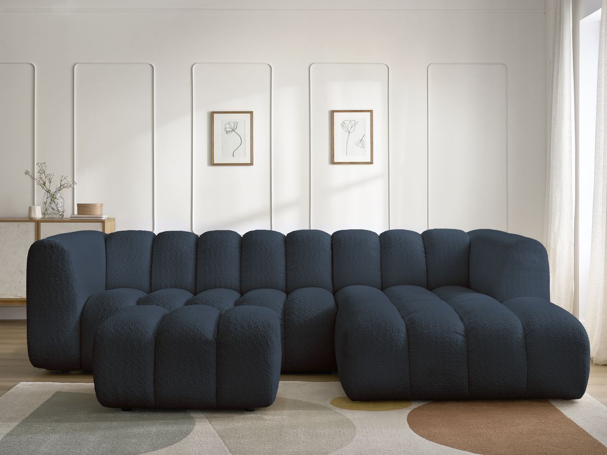 Canapé d'angle fixe TALIA tissu bouclette avec pouf - Angle droit