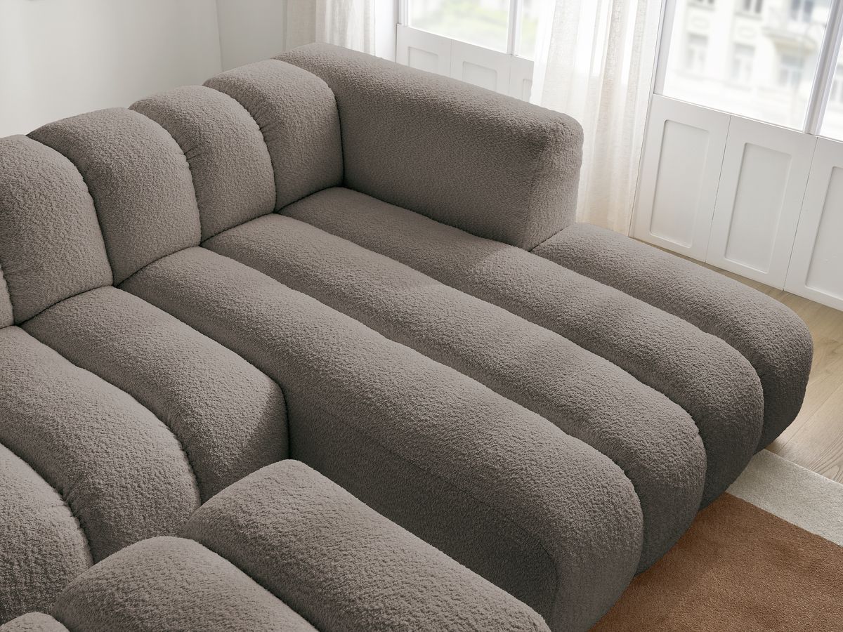 Canapé d'angle fixe TALIA tissu bouclette avec pouf - Angle droit