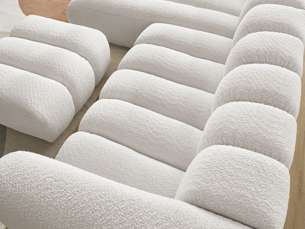 Canapé d'angle fixe TALIA tissu bouclette avec pouf - Angle gauche