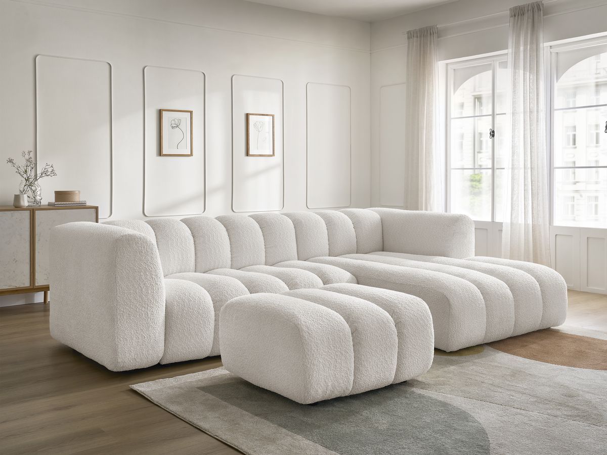 Canapé d'angle fixe TALIA tissu bouclette avec pouf - Angle droit