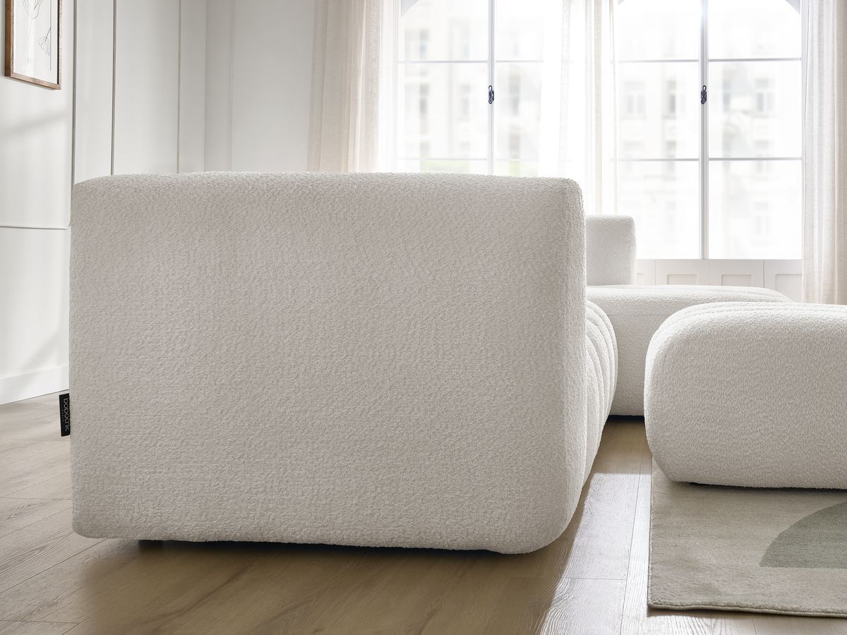 Canapé d'angle fixe TALIA tissu bouclette avec pouf - Angle droit