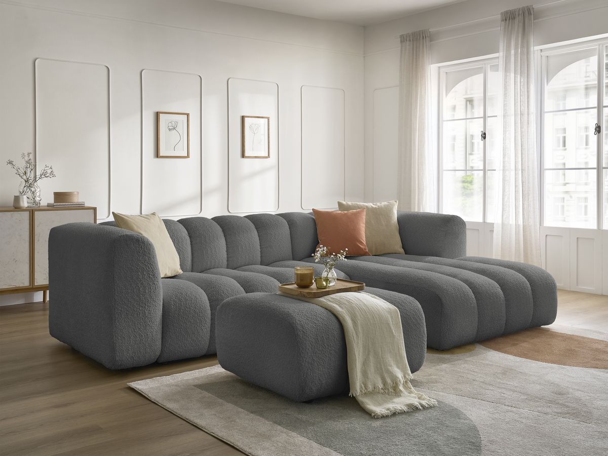 Canapé d'angle fixe TALIA tissu bouclette avec pouf - Angle droit