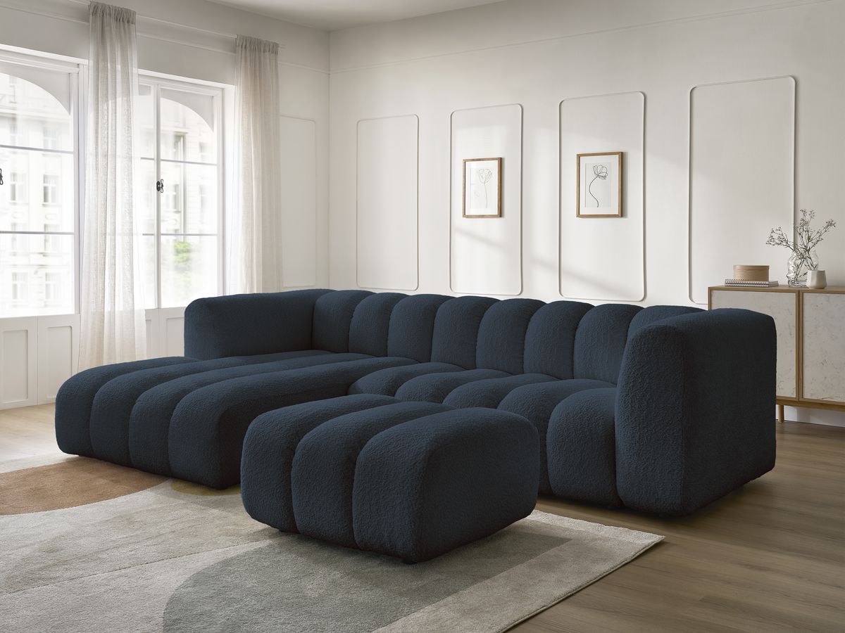Canapé d'angle fixe TALIA tissu bouclette avec pouf - Angle gauche