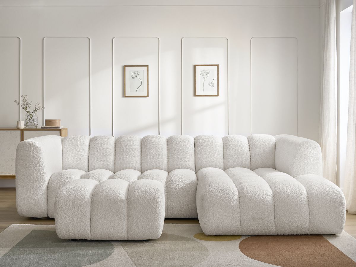 Canapé d'angle fixe TALIA tissu bouclette avec pouf - Angle droit