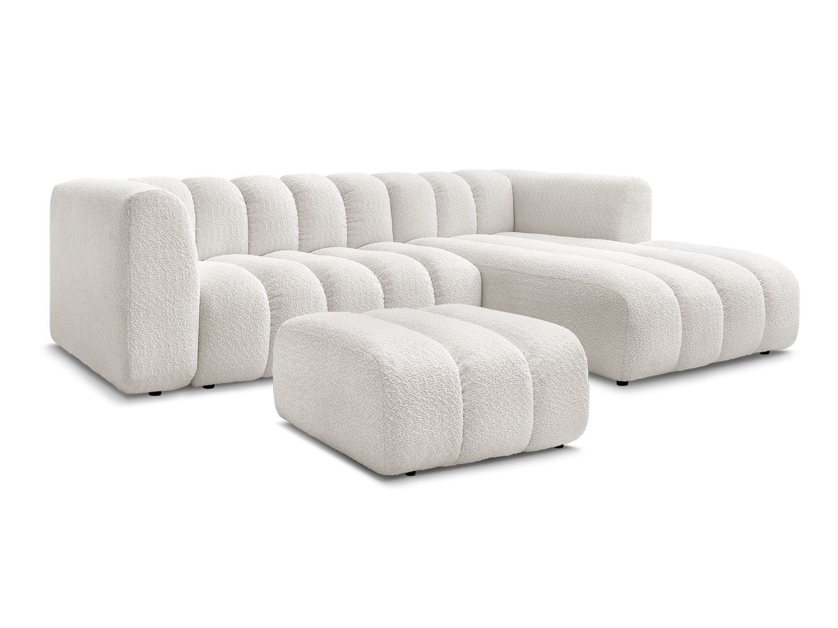 Canapé d'angle fixe TALIA tissu bouclette avec pouf - Angle droit