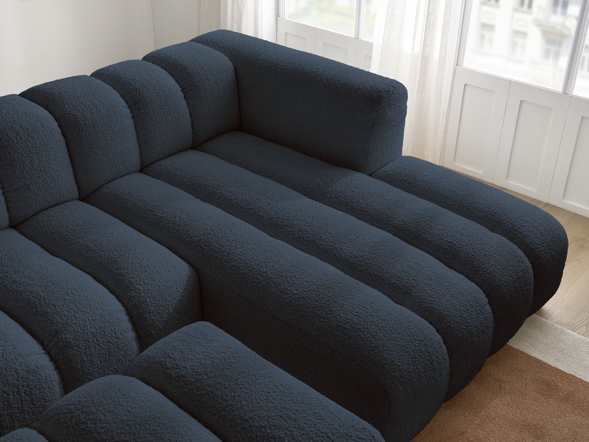 Canapé d'angle fixe TALIA tissu bouclette avec pouf - Angle droit