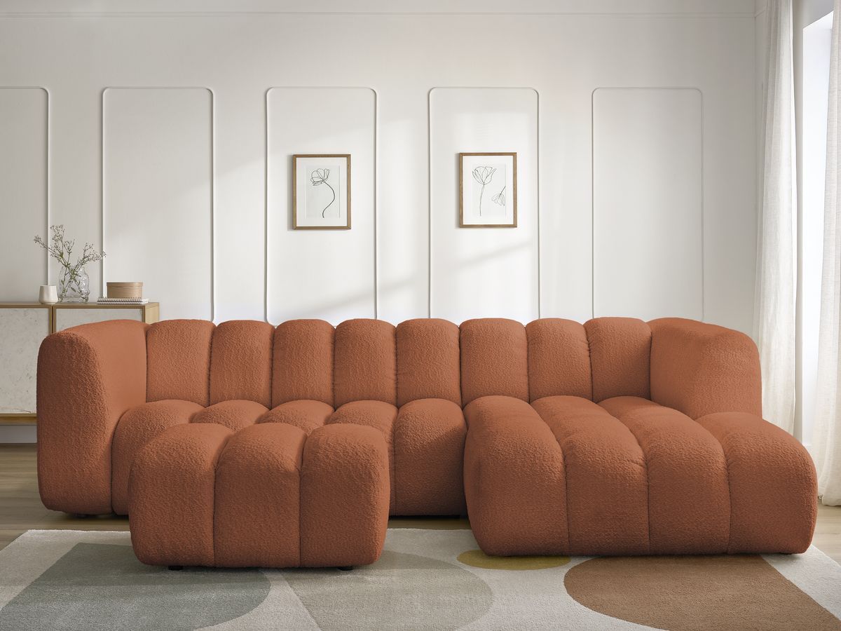 Canapé d'angle fixe TALIA tissu bouclette avec pouf - Angle droit