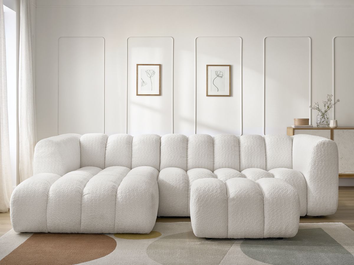 Canapé d'angle fixe TALIA tissu bouclette avec pouf - Angle gauche