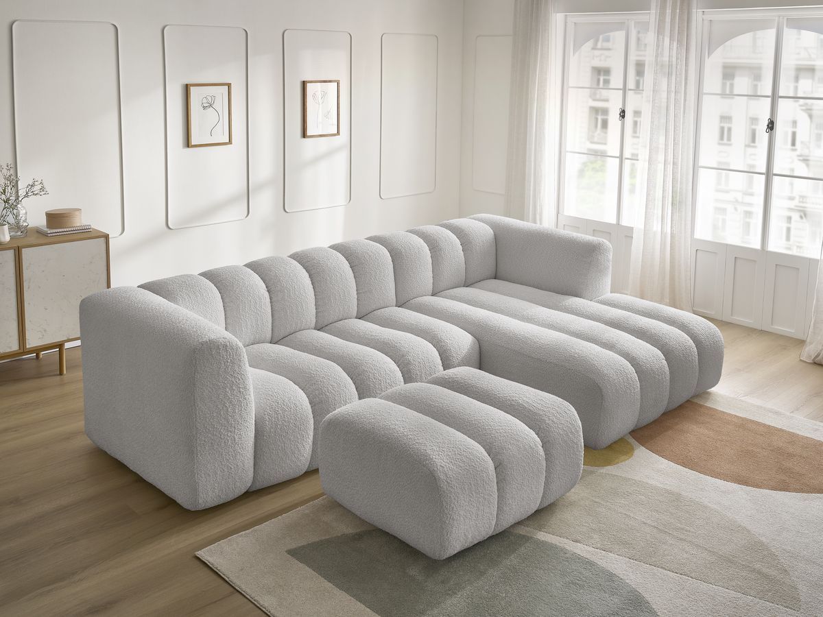 Canapé d'angle fixe TALIA tissu bouclette avec pouf - Angle droit