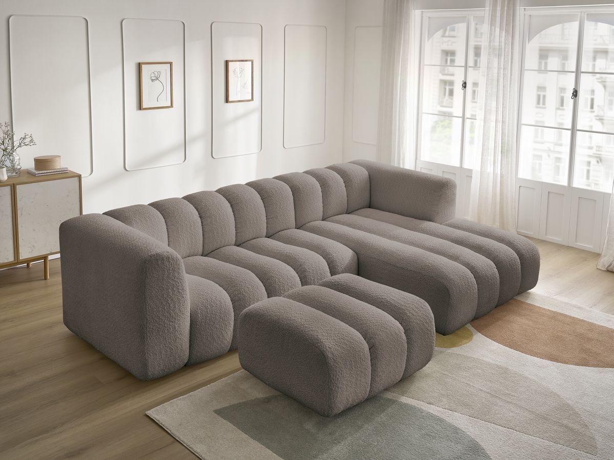 Canapé d'angle fixe TALIA tissu bouclette avec pouf - Angle droit