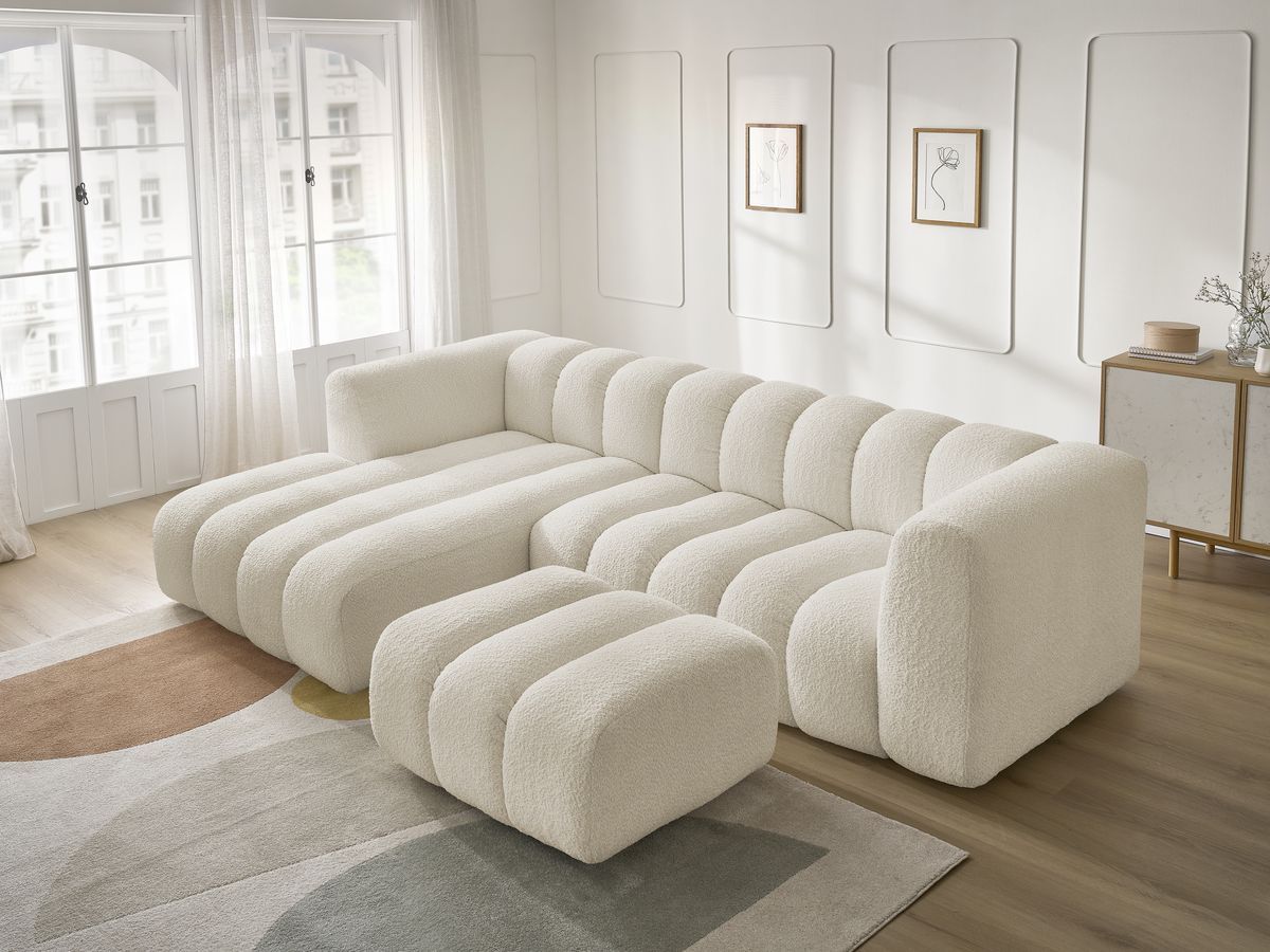 Canapé d'angle fixe TALIA tissu bouclette avec pouf - Angle gauche