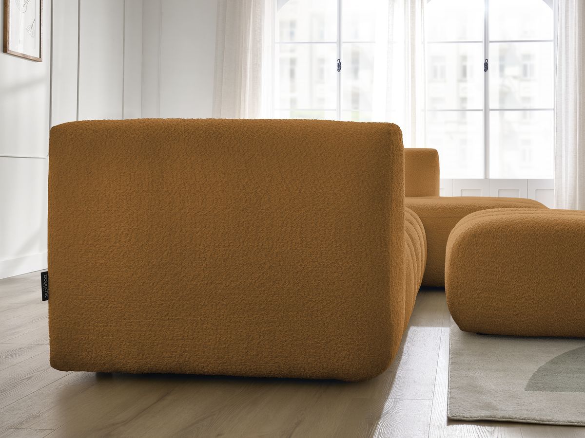Canapé d'angle fixe TALIA tissu bouclette avec pouf - Angle droit