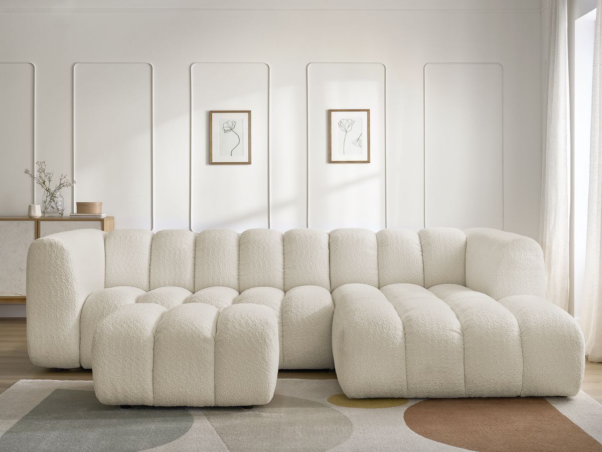 Canapé d'angle fixe TALIA tissu bouclette avec pouf - Angle droit