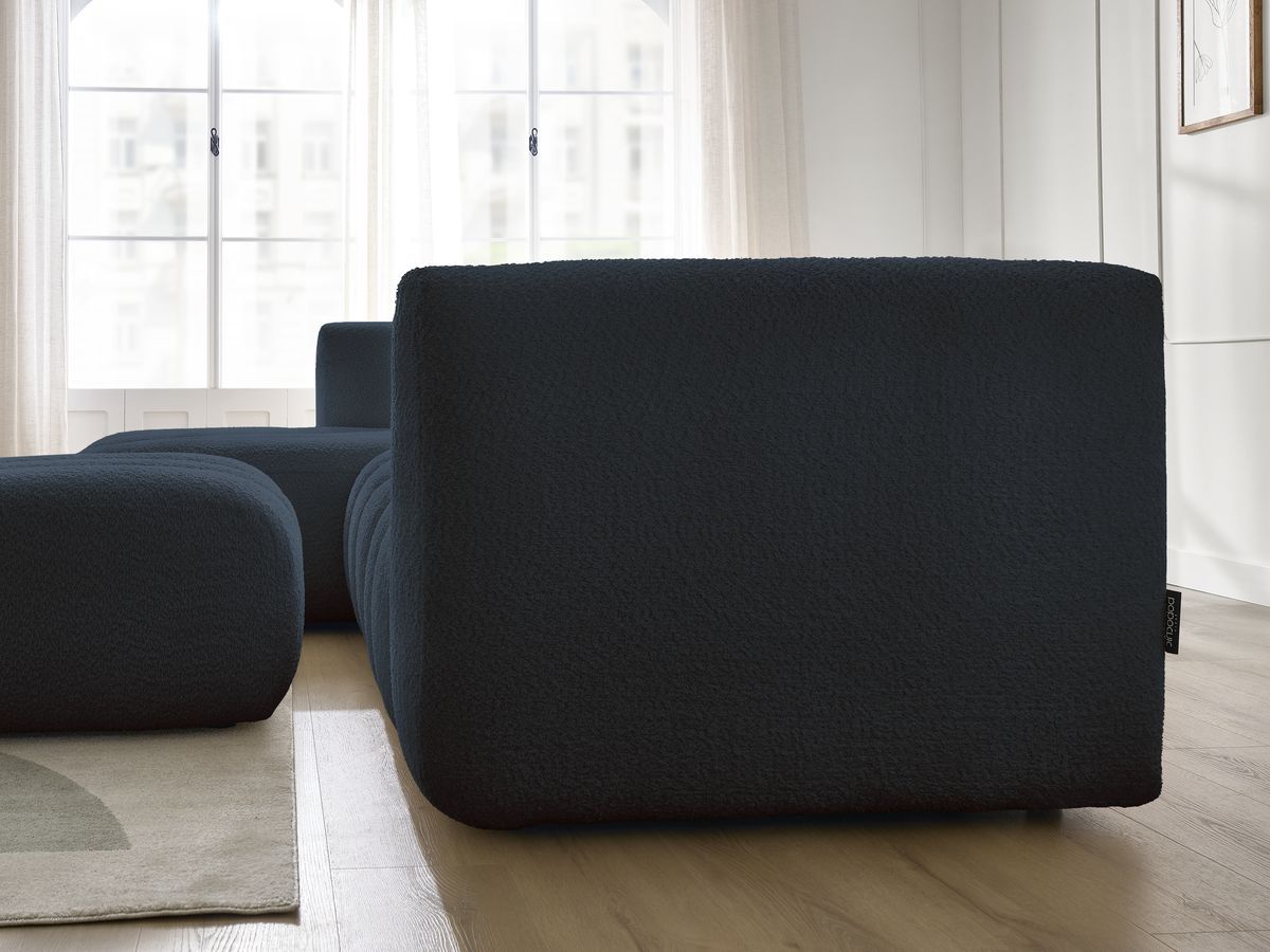 Canapé d'angle fixe TALIA tissu bouclette avec pouf - Angle gauche
