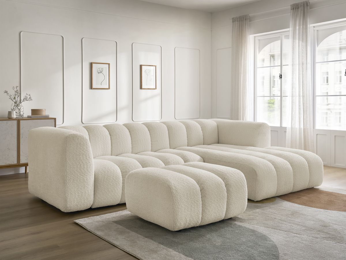 Canapé d'angle fixe TALIA tissu bouclette avec pouf - Angle droit