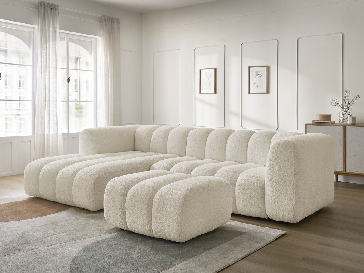 Canapé d'angle fixe TALIA tissu bouclette avec pouf - Angle gauche