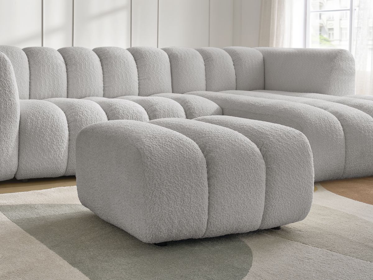 Canapé d'angle fixe TALIA tissu bouclette avec pouf - Angle droit